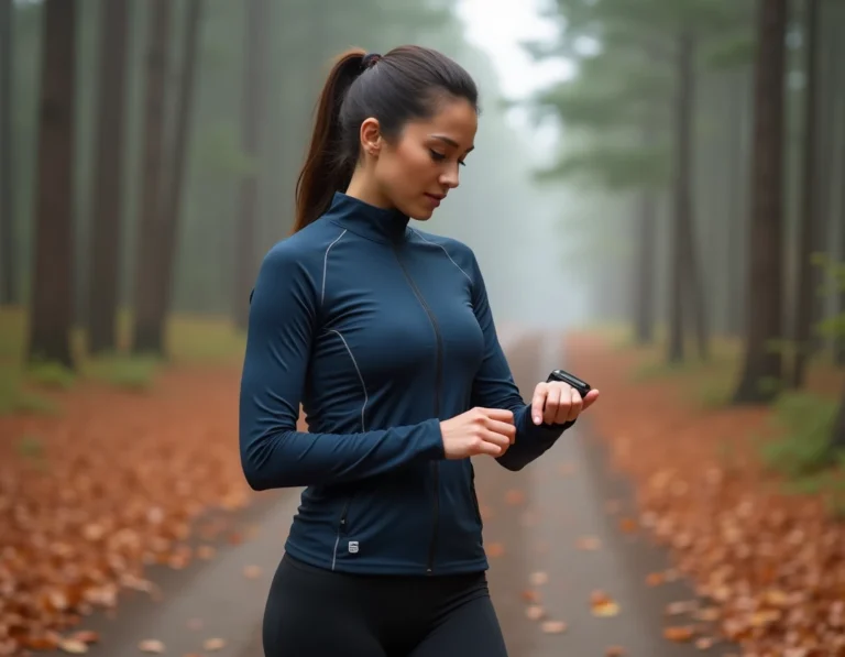 Femme sportive vérifiant sa montre connectée au départ d'un sentier de trail en forêt automnale
