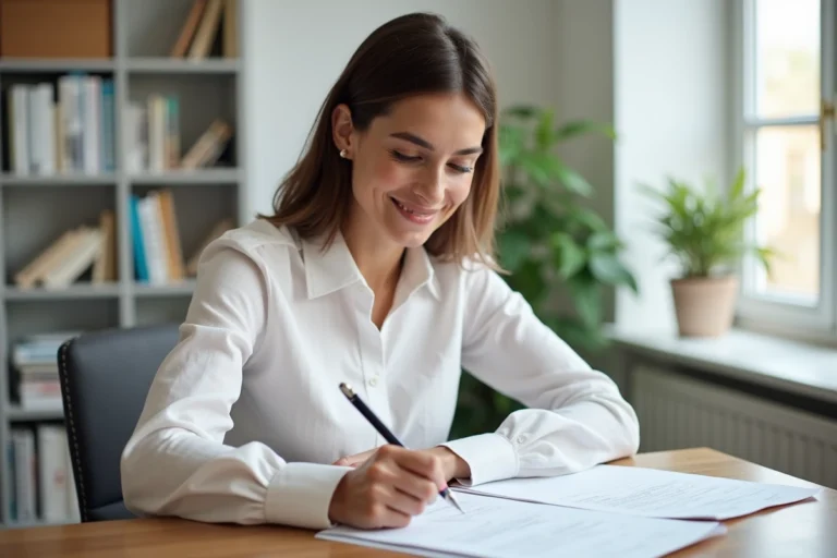 Femme professionnelle en reconversion préparant sa transition de carrière à son bureau à domicile