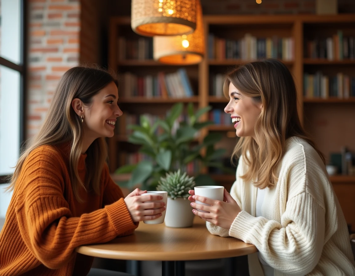 Deux femmes discutant autour d'un café dans un salon chaleureux, connexion sociale et bien-être mental