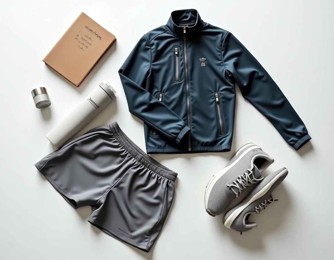 Plat posé de produits Adivak incluant vêtements techniques et chaussures de sport sur fond blanc