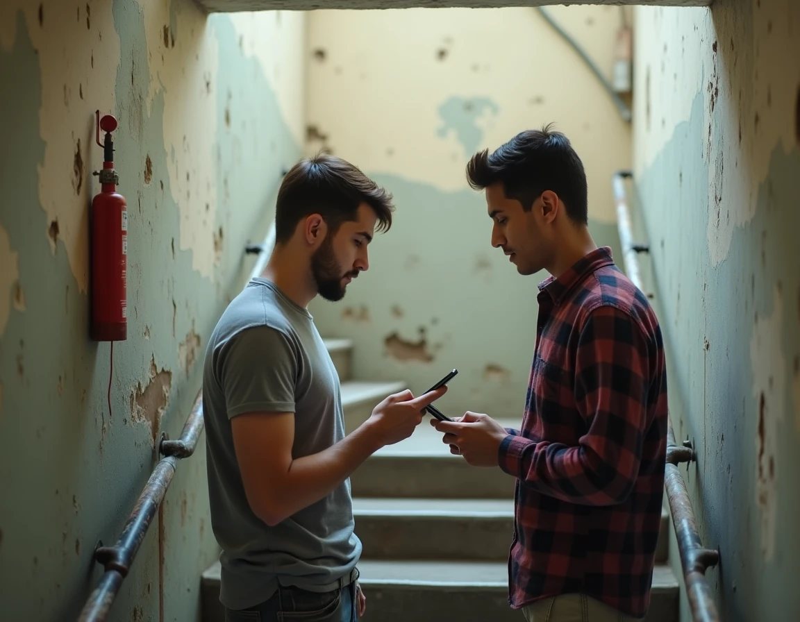 Deux étudiants documentant une fuite d'eau dans la cage d'escalier de leur copropriété étudiante