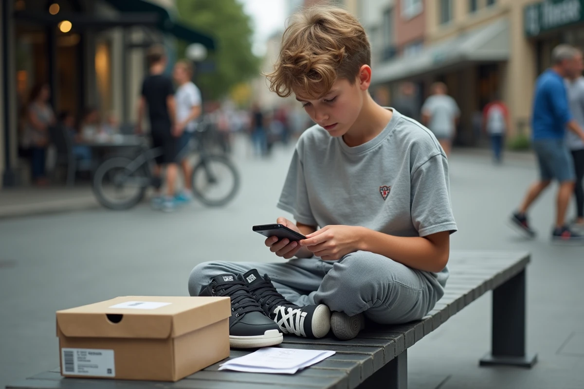 Adolescent vérifiant des sneakers en extérieur en ville