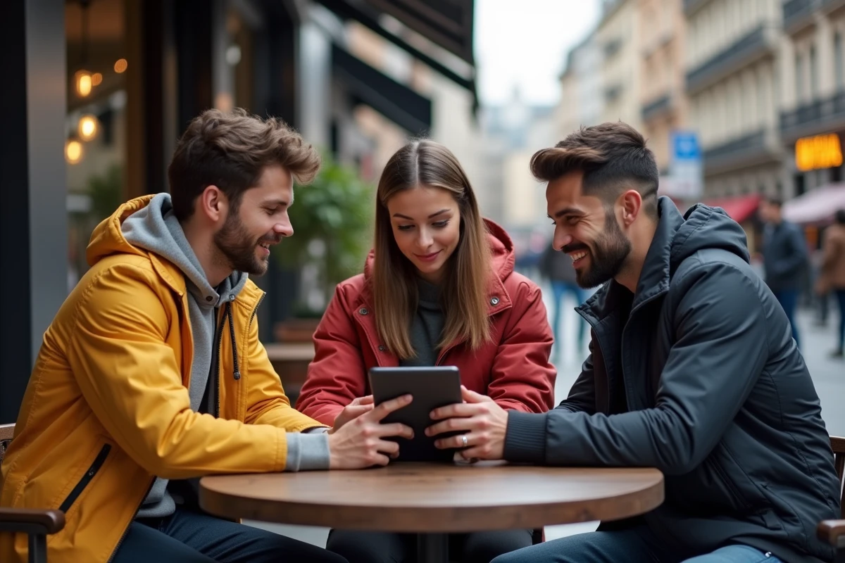 Trois amis discutent autour d une tablette en extérieur