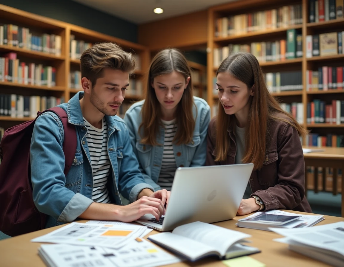Groupe d'étudiants en design révisant ensemble un portfolio et un storyboard animatique dans une bibliothèque universitaire française pour préparer l'admission au bachelor motion design des Gobelins