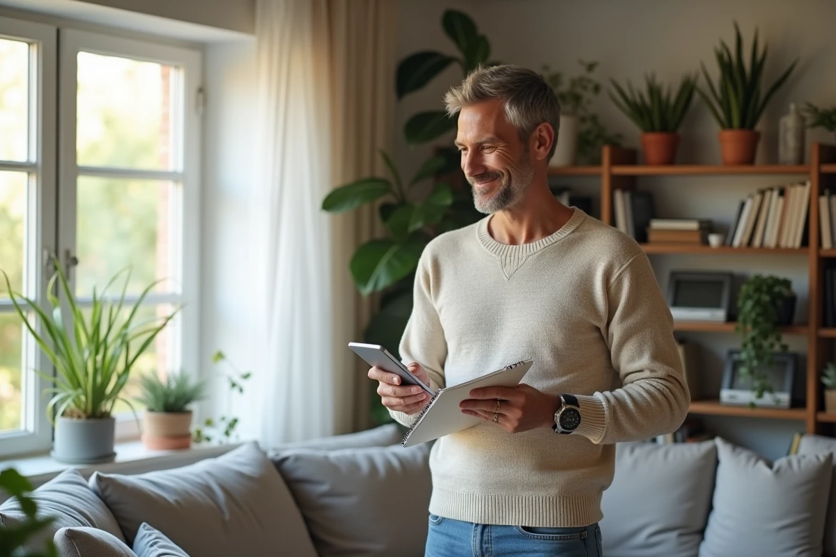 Homme utilisant une application de suivi alimentaire à la maison