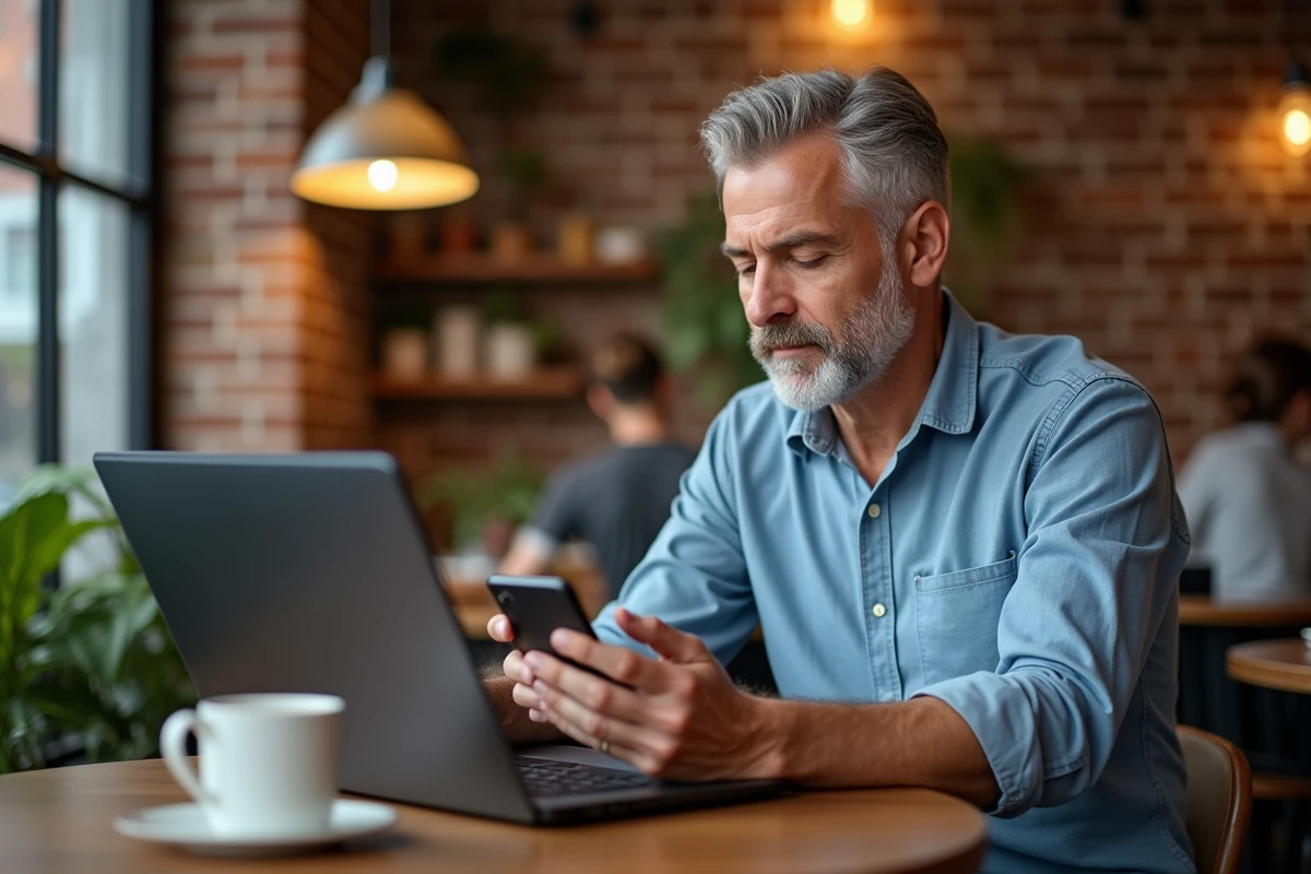 Homme au café regardant son smartphone