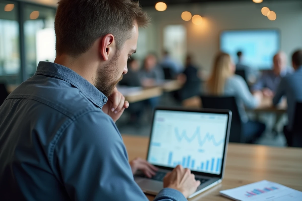 Homme analysant un tableau financier dans un espace de coworking