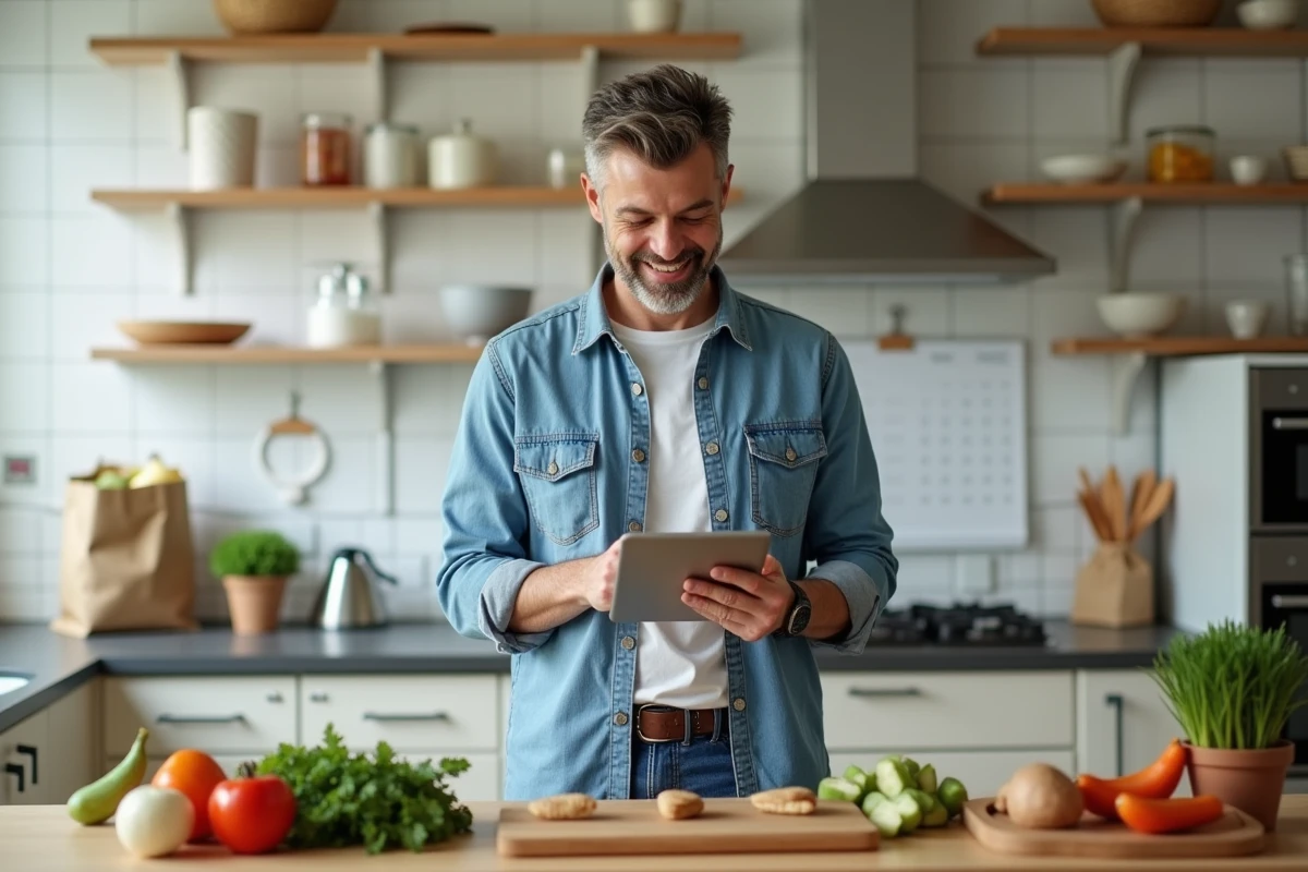 Homme en cuisine préparant un repas avec tablette