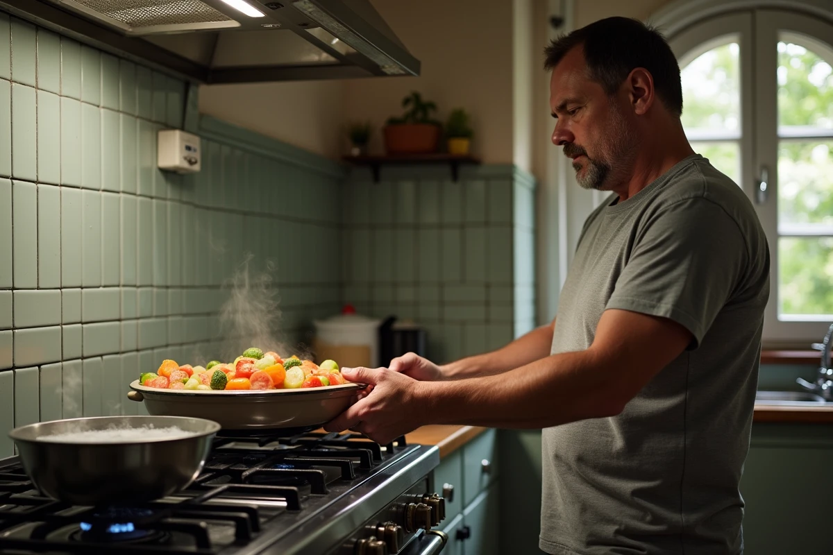 Homme plaçant un plat de légumes dans un four à gaz