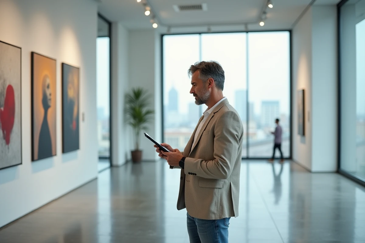 Homme lisant des tendances artistiques sur une tablette dans une galerie d'art contemporain