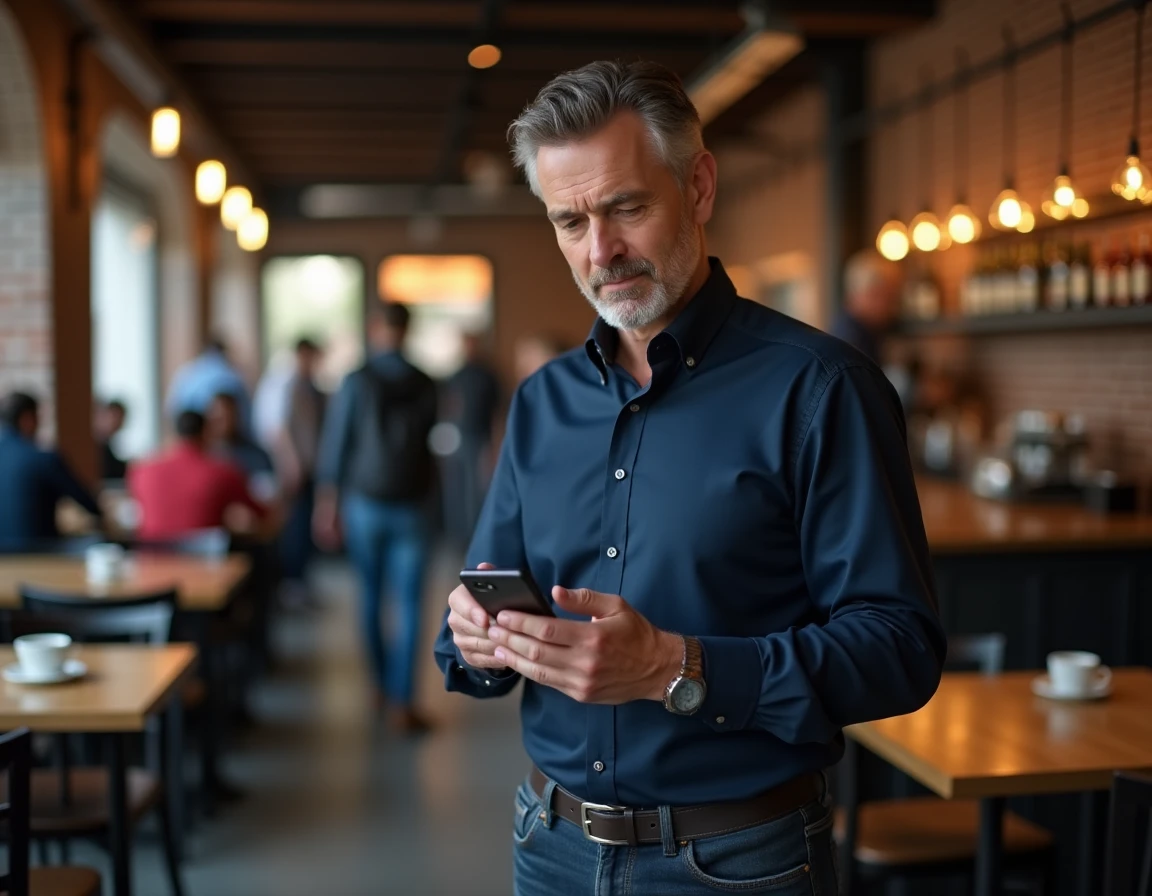 Homme lisant les dernières informations sur son smartphone dans un café urbain animé
