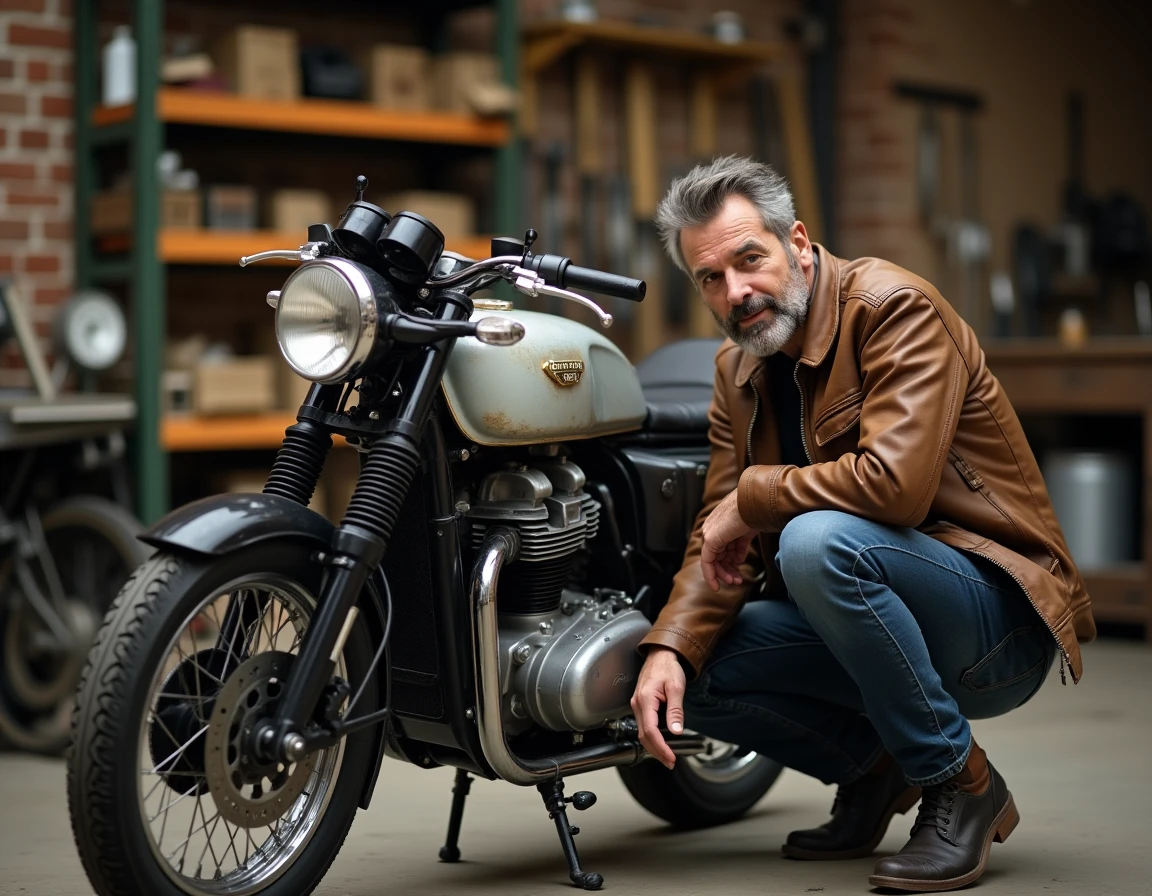 Passionné de moto vintage inspectant le moteur d'une ancienne moto britannique des années 1970 dans un garage en briques