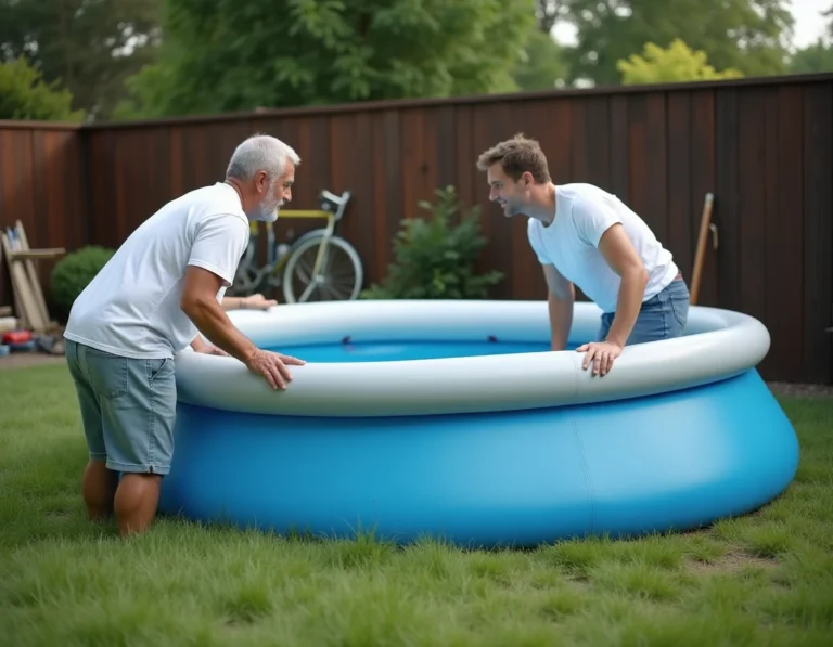 Homme adulte inspectant une piscine autoportée qui penche dans un jardin suburban, posant les mains sur la paroi en vinyle pour évaluer l'inclinaison