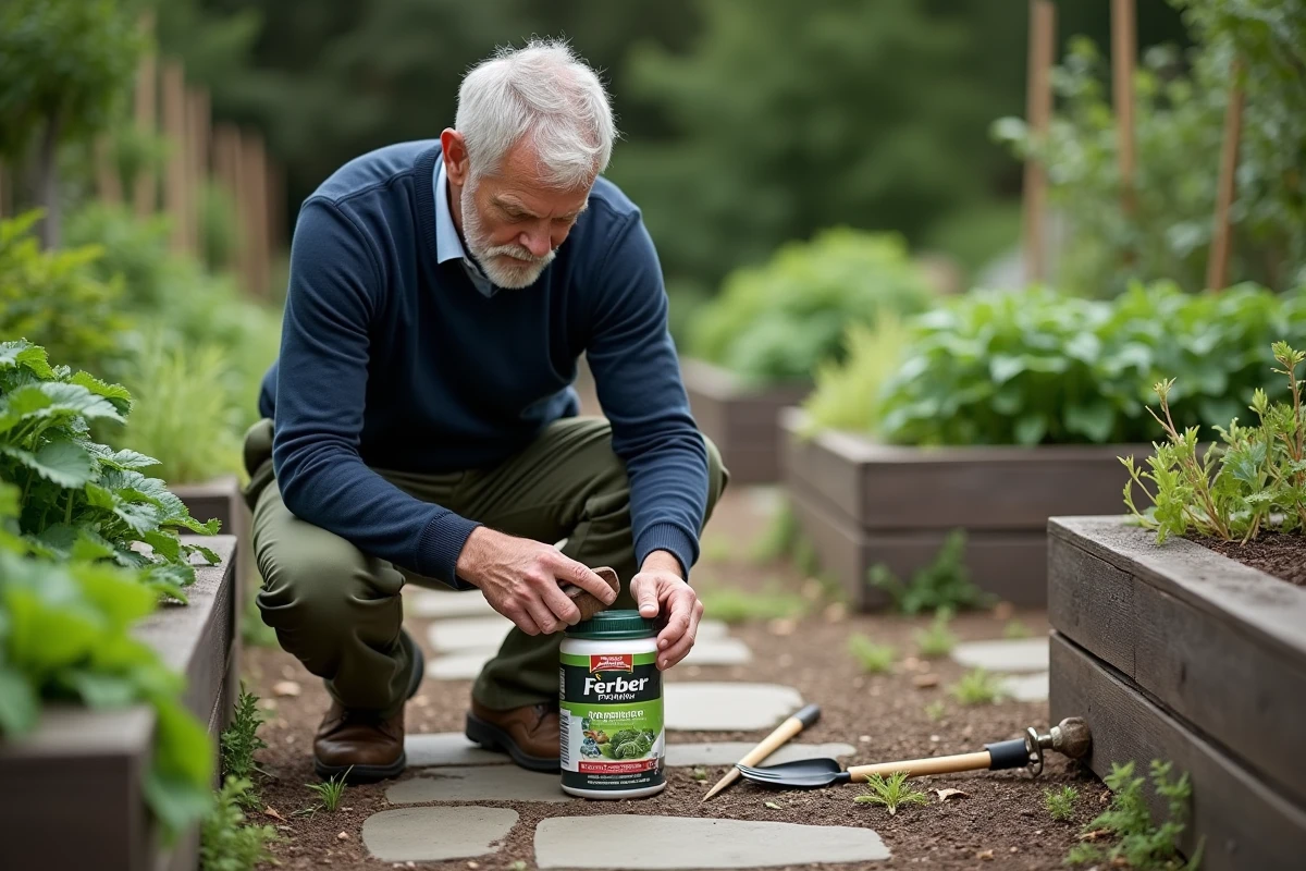 Homme âgé lisant les instructions d’un herbicide dans le jardin