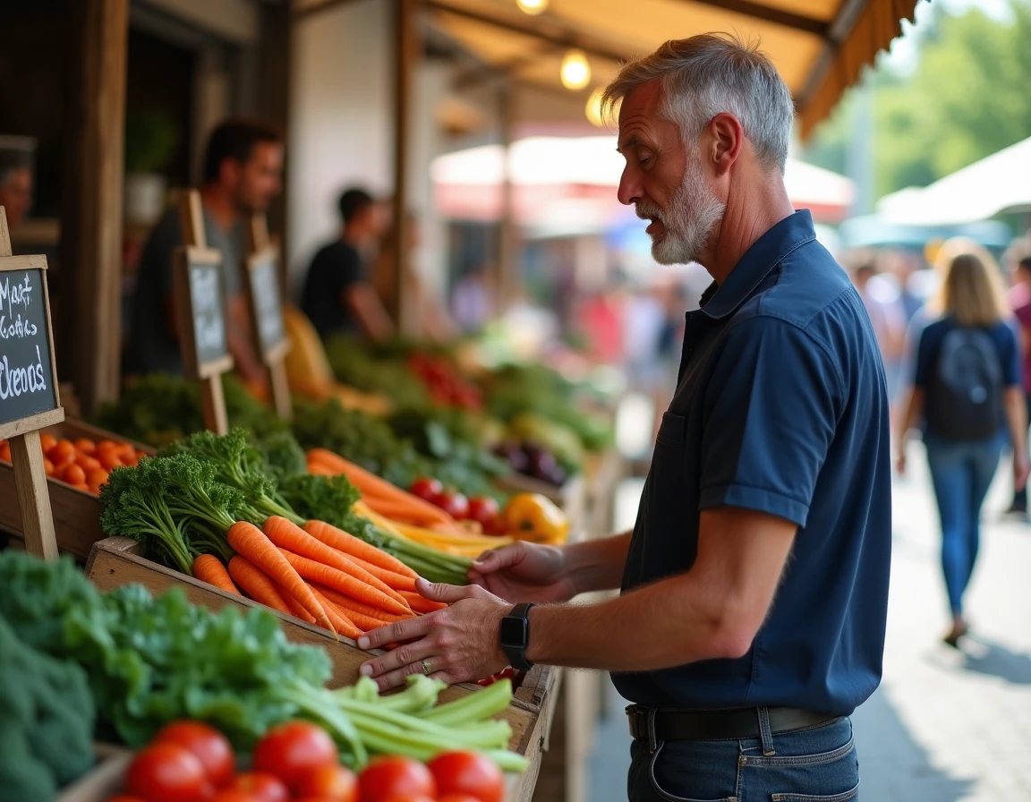 Homme choisissant des légumes frais au marché, alimentation saine et conseils nutrition bien-être