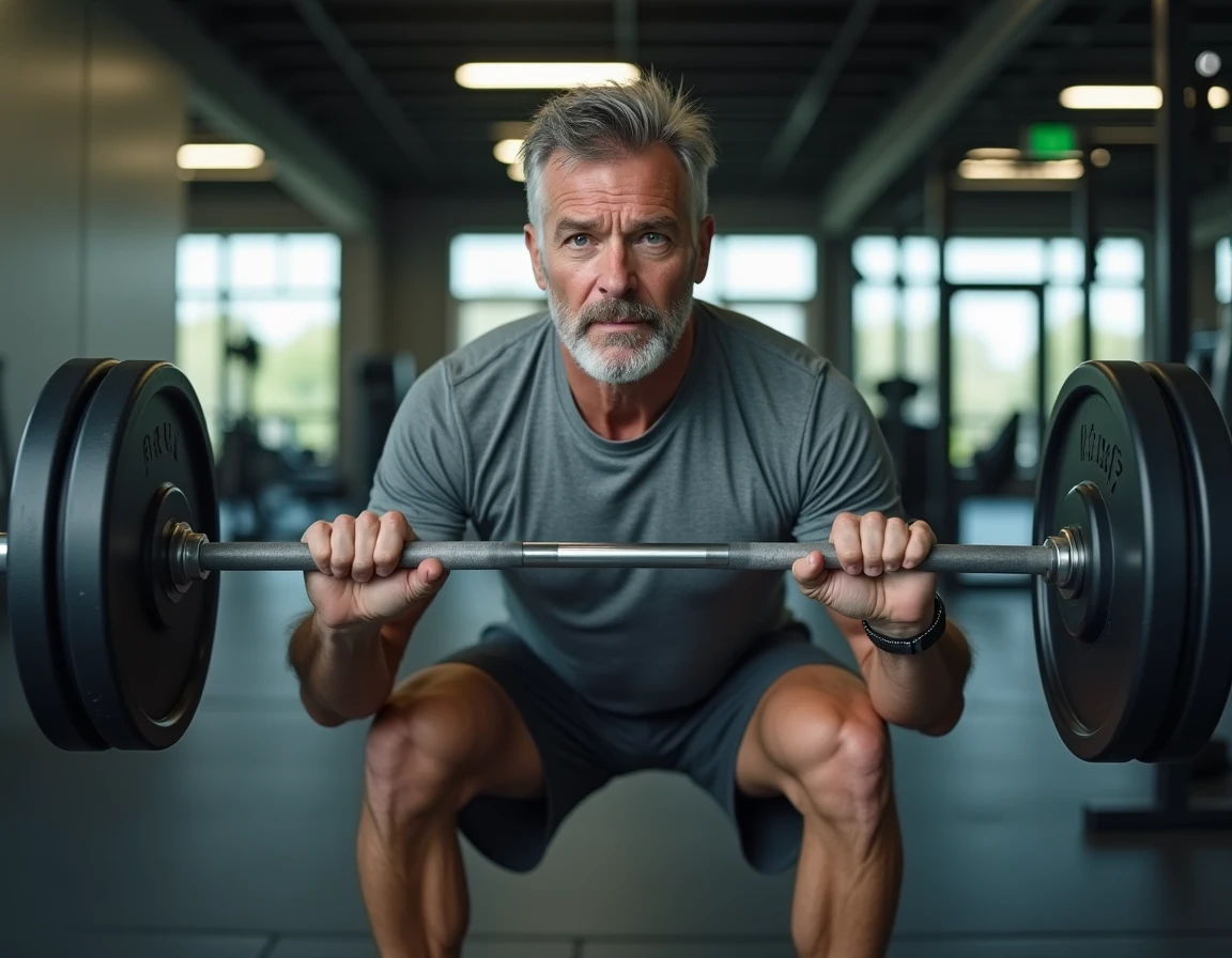 Homme d'âge mûr effectuant un squat avec haltère dans une salle de sport moderne équipée