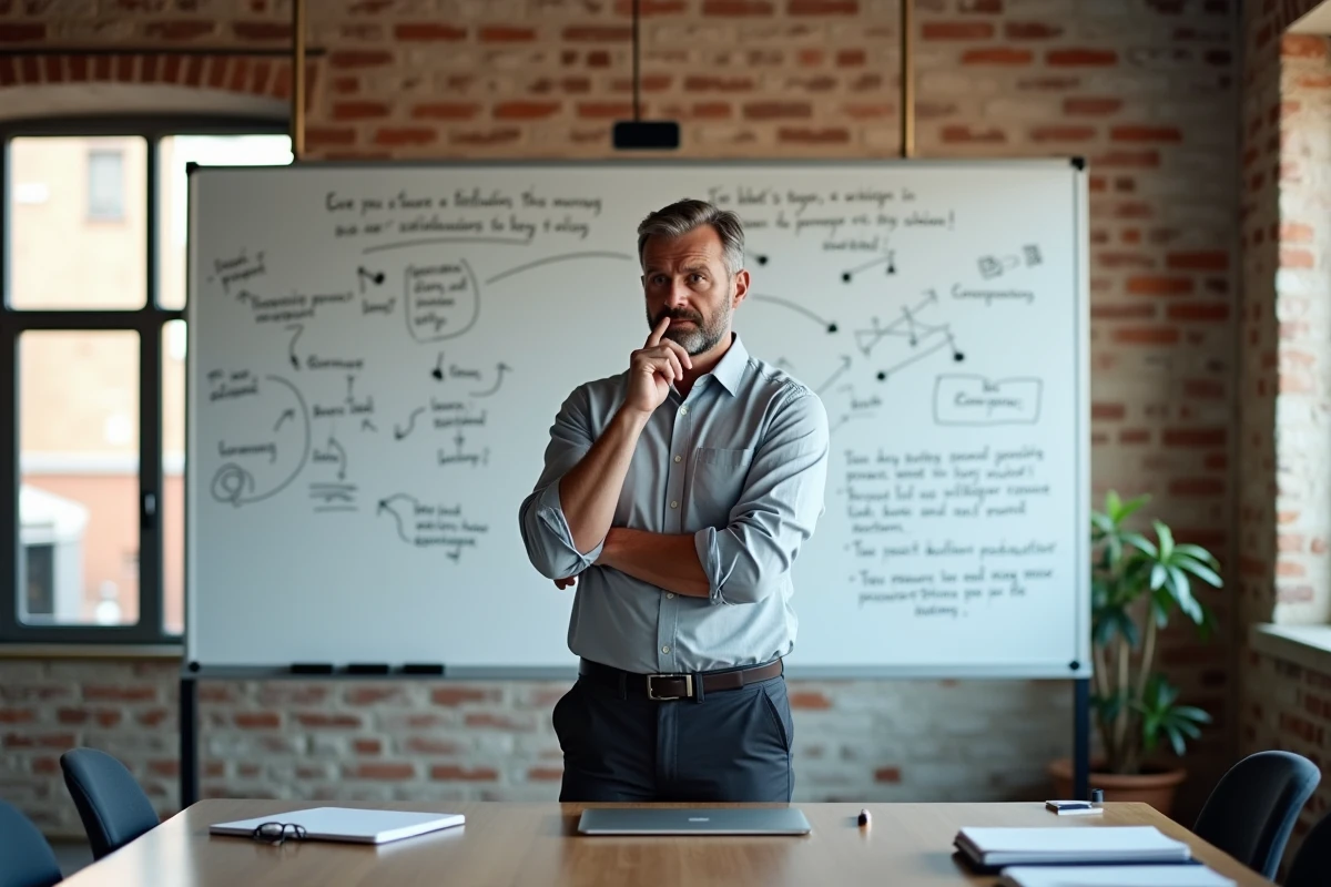 Homme devant un tableau blanc rempli de schémas et de notes explicatives dans une salle de travail collaborative