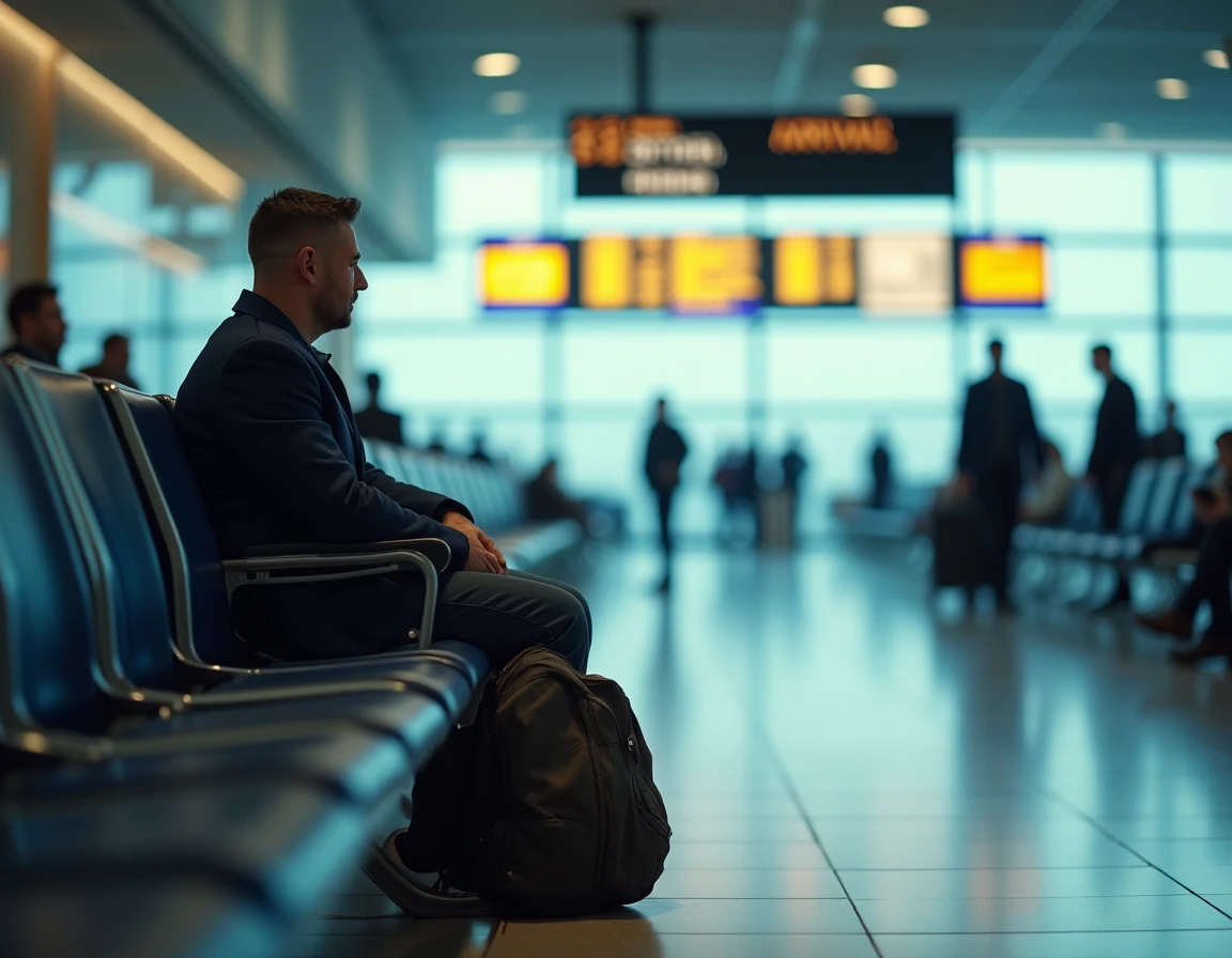 Homme seul dans un terminal d'aéroport, symbolisant l'illusion d'un départ à l'étranger comme solution définitive