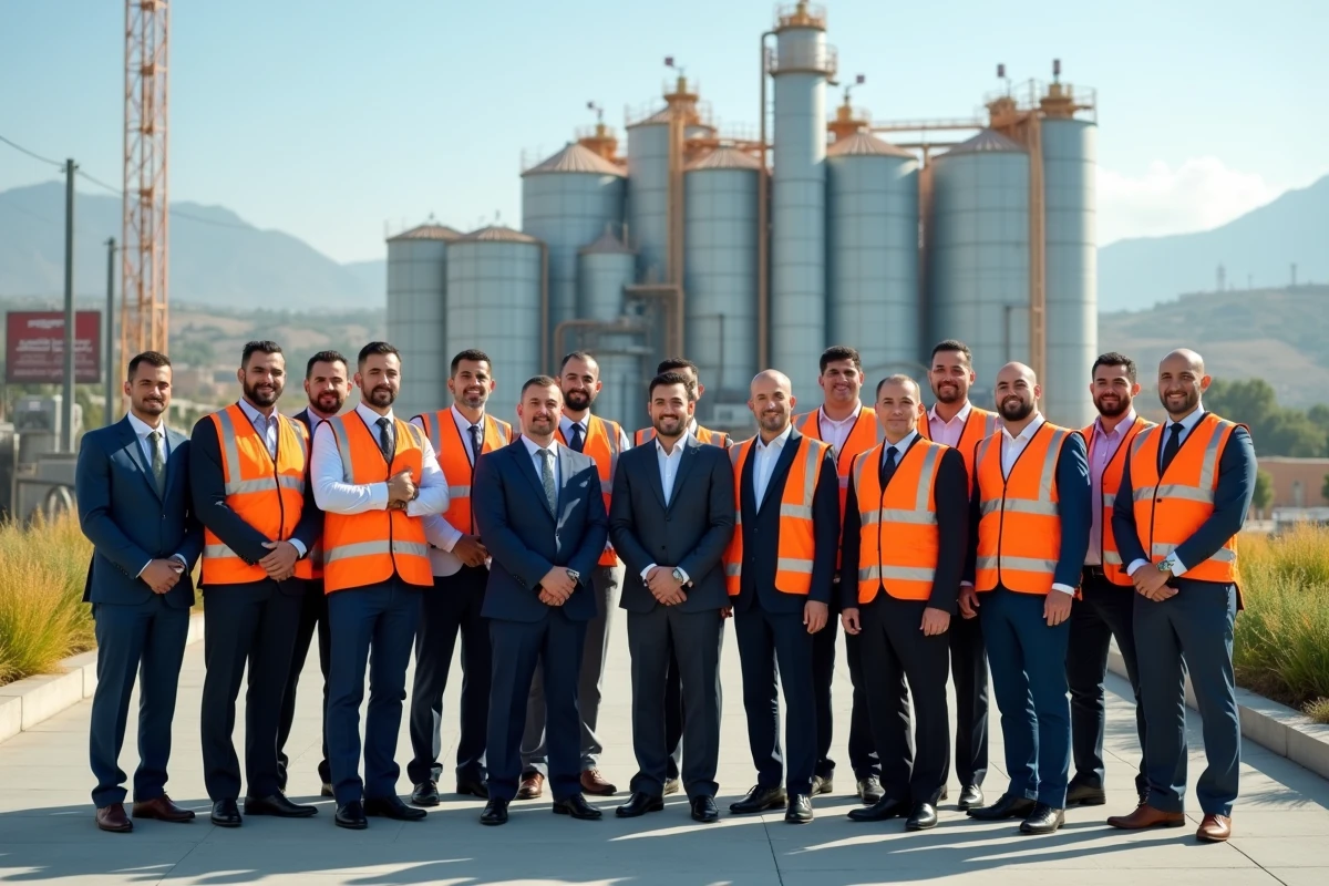 Groupe d'ingénieurs algériens devant une usine moderne