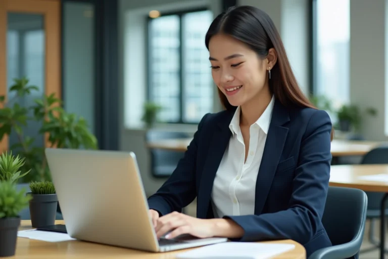 Jeune femme professionnelle travaillant sur son ordinateur dans un bureau moderne