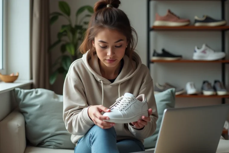 Jeune femme examinant des sneakers dans son appartement