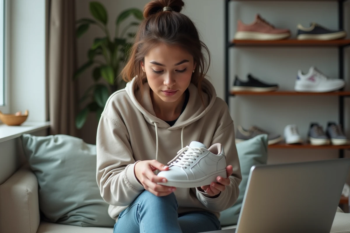 Jeune femme examinant des sneakers dans son appartement