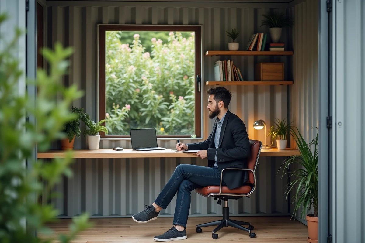 Jeune homme dans un bureau de container rénové