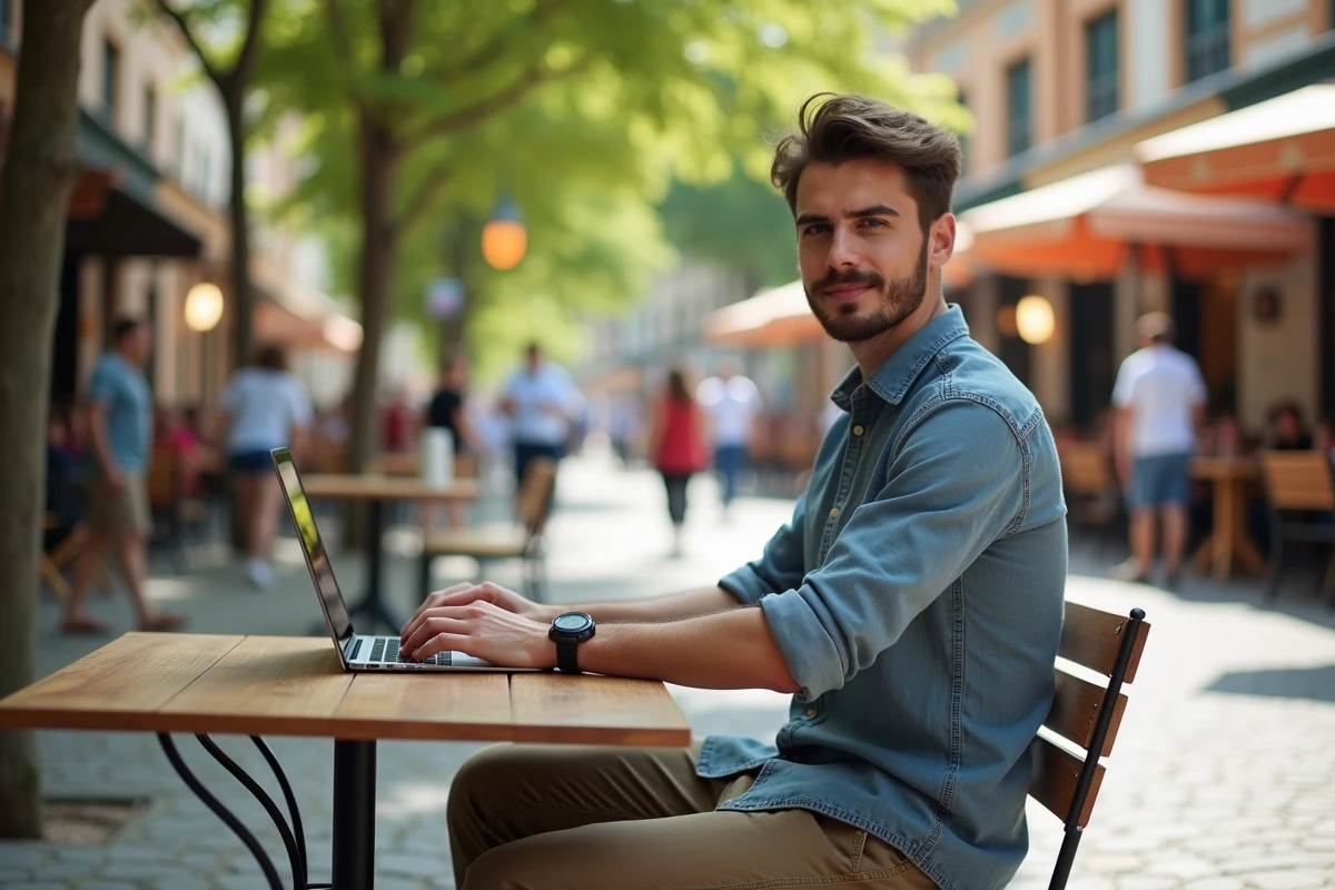 Jeune homme travaillant sur un ordinateur en terrasse