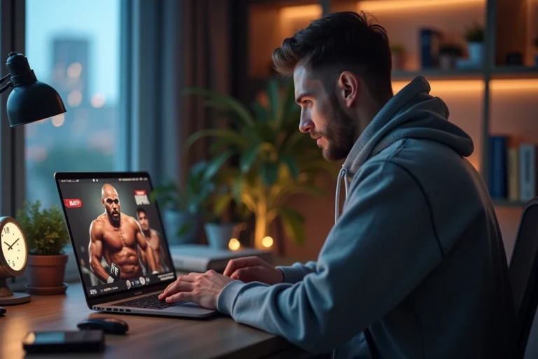 Jeune homme regarde highlights de MMA sur son ordinateur