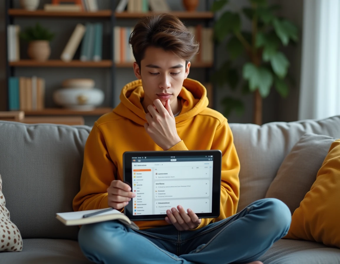 Jeune personne recherchant des offres d'emploi sur une tablette depuis son canapé