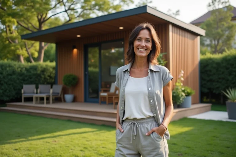 Femme souriante devant un abri de jardin container moderne