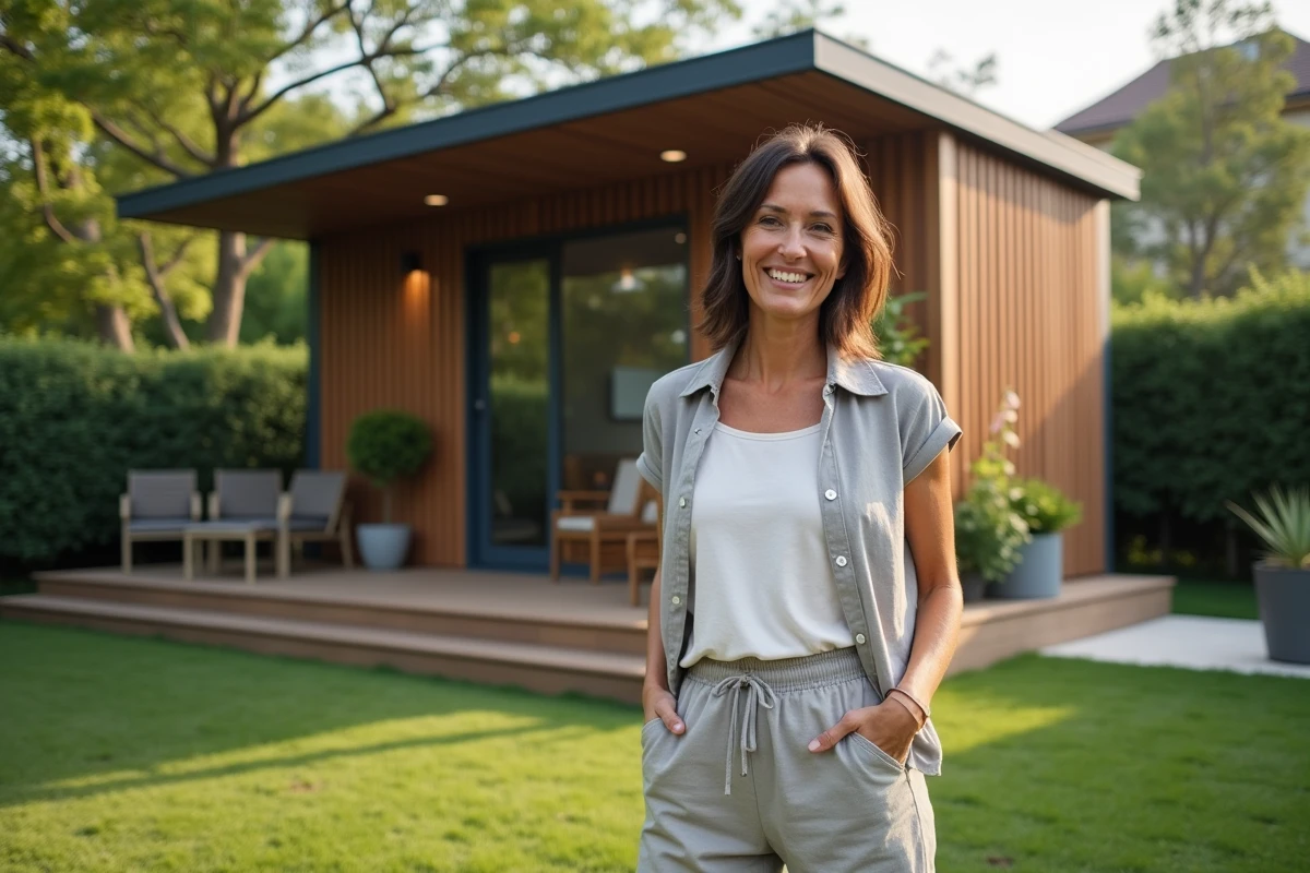 Femme souriante devant un abri de jardin container moderne
