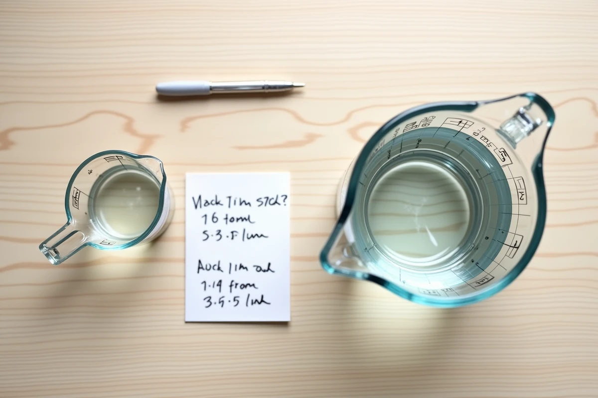 Vue de dessus d'une tasse graduée de 400 ml et d'un pichet d'un litre sur une table en bois avec une note de conversion manuscrite