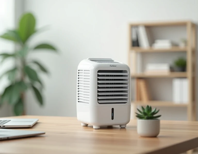 Mini rafraîchisseur d'air Lidl Silvercrest posé sur un bureau en bois dans un bureau à domicile moderne