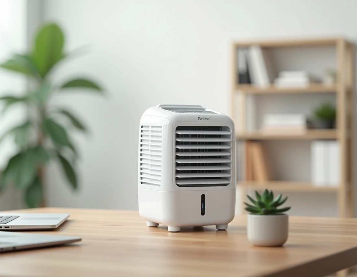 Mini rafraîchisseur d'air Lidl Silvercrest posé sur un bureau en bois dans un bureau à domicile moderne