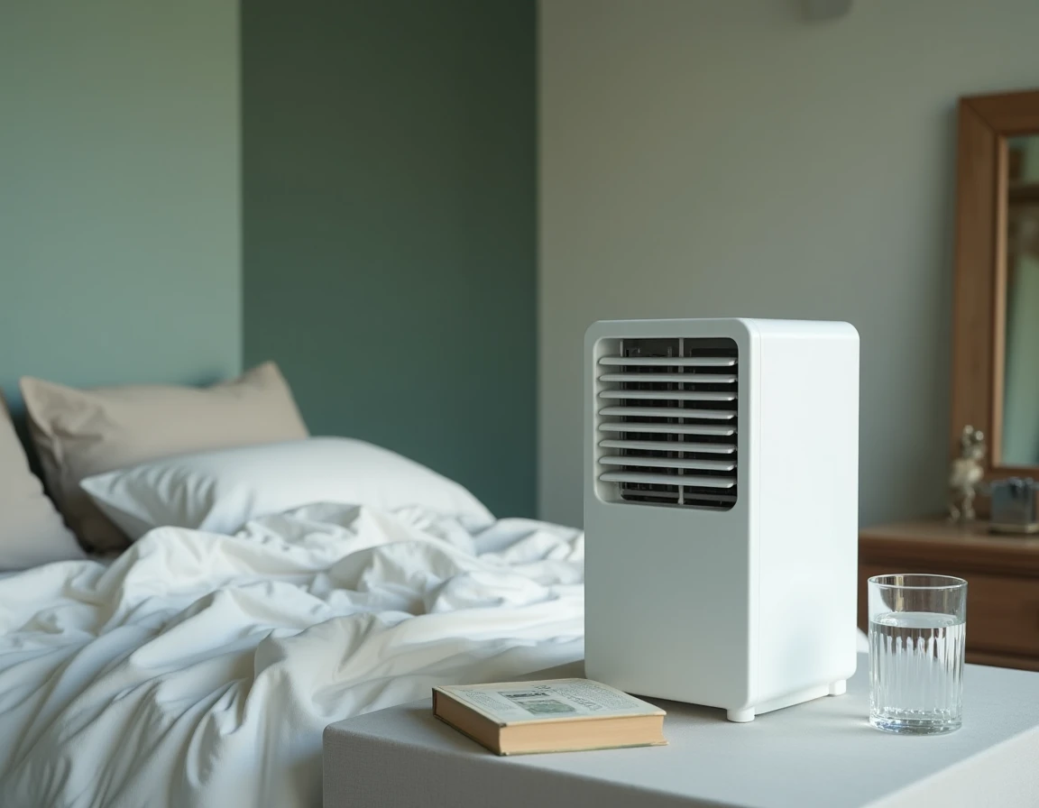 Mini rafraîchisseur d'air posé sur une table de chevet dans une chambre à coucher cosy et décorée sobrement