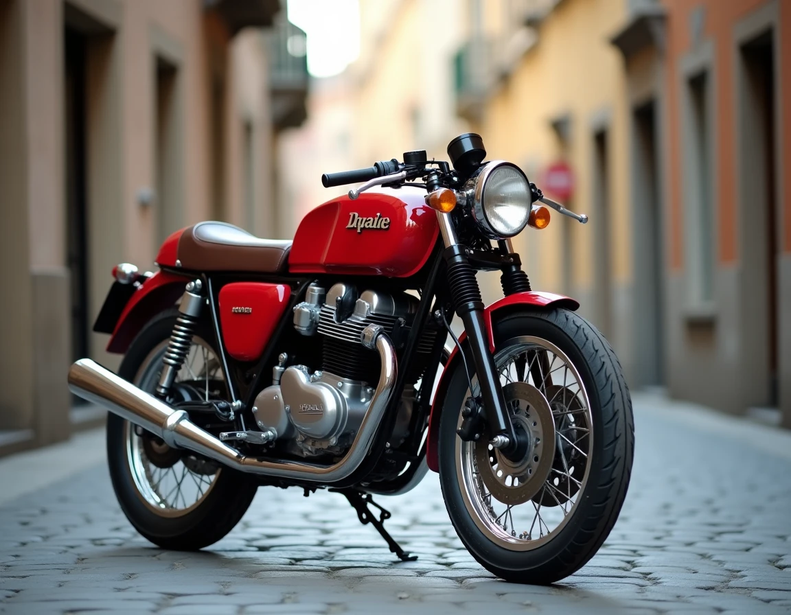 Moto vintage italienne café racer des années 1960 garée sur des pavés dans une vieille ville européenne