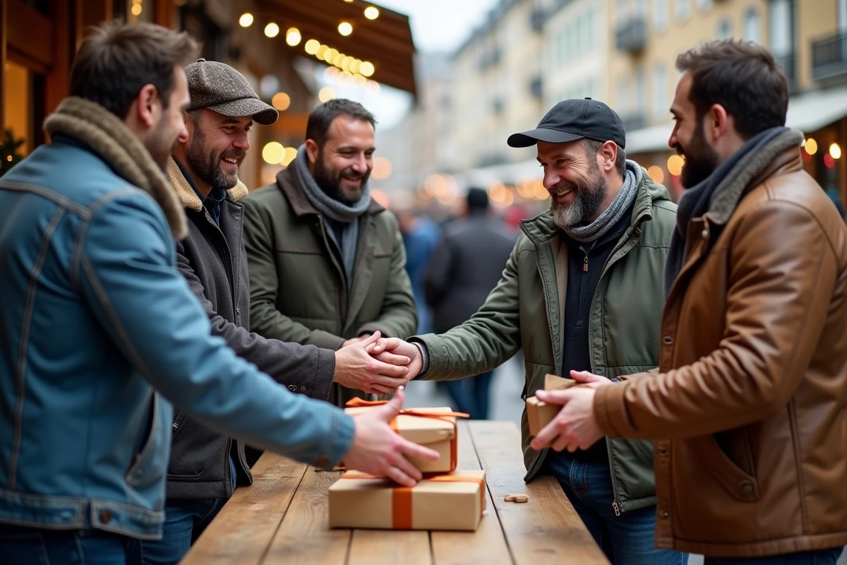 Groupe de pères échangeant des cadeaux en marché urbain