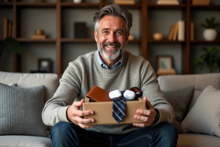 Père souriant découvrant des accessoires cadeaux