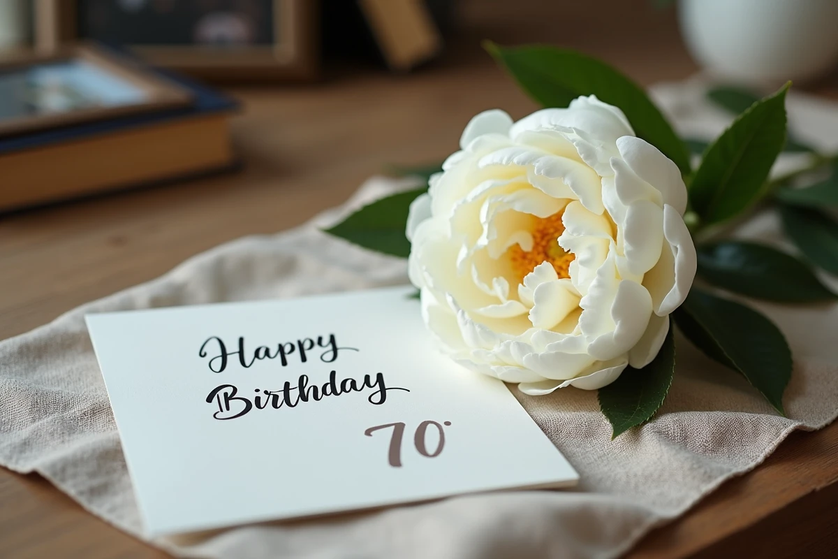 Peony blanc sur carte d anniversaire de 70 ans sur table en bois