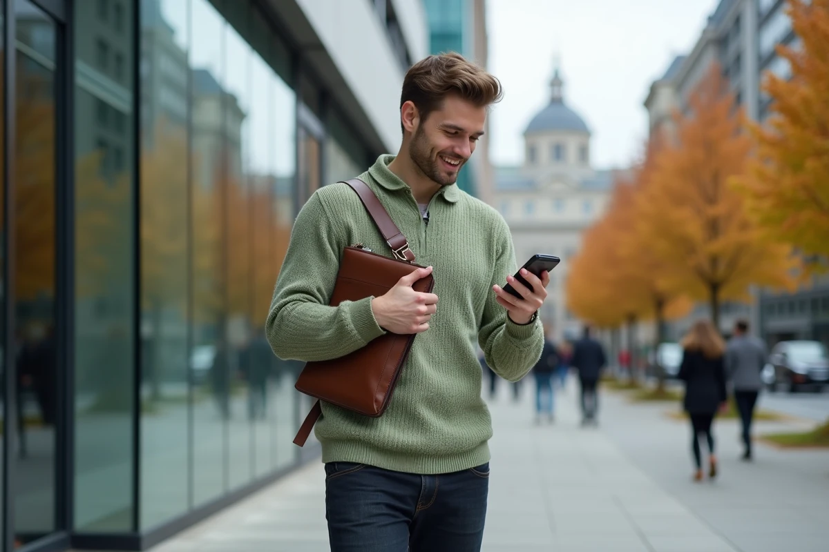 Personne confiante en transition professionnelle devant un immeuble de bureaux en ville avec portfolio et smartphone