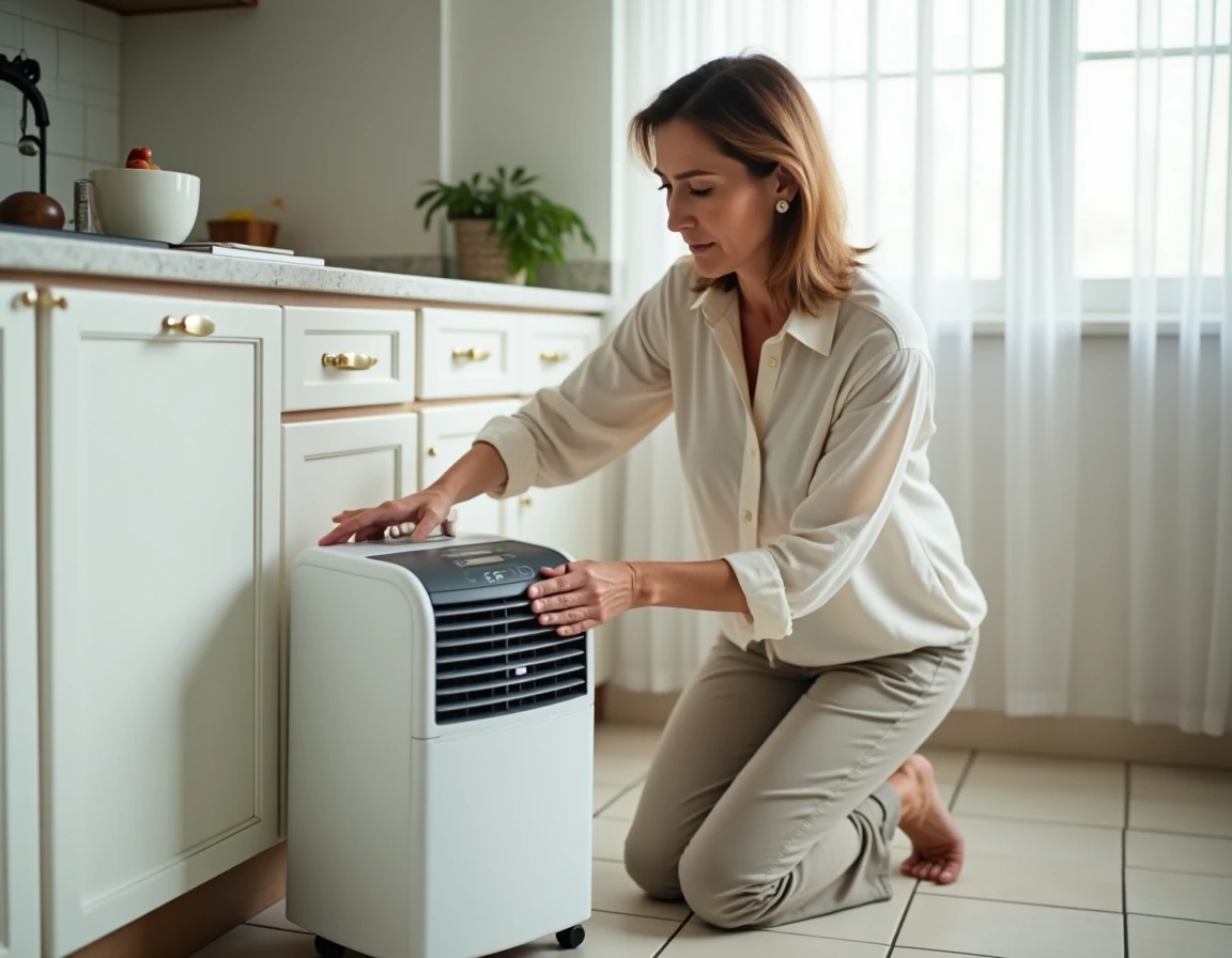 Femme remplissant le réservoir d'eau d'un mini rafraîchisseur d'air dans une cuisine moderne
