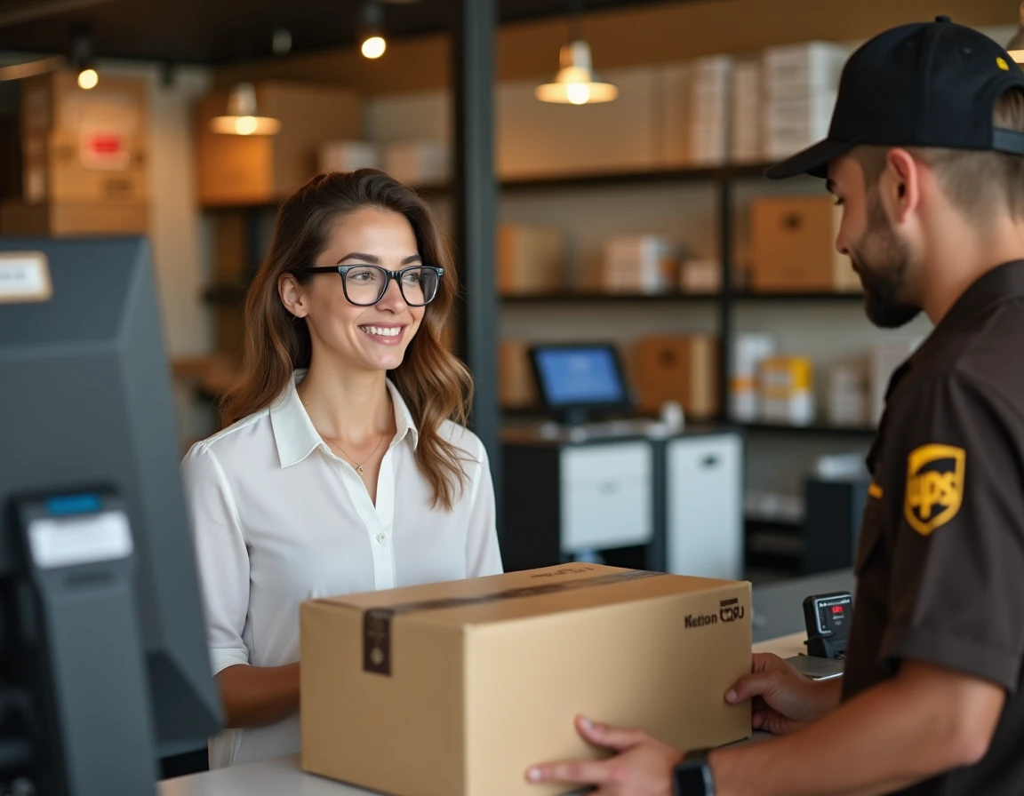 Cliente en train de parler avec un agent UPS au comptoir d'un point relais en France