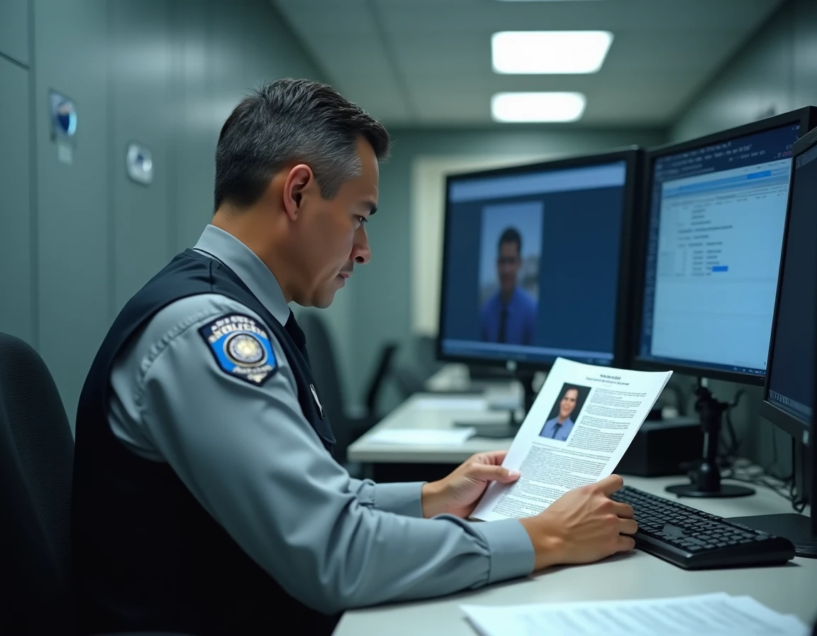Agent de police examinant un rapport de personne disparue dans un bureau administratif officiel