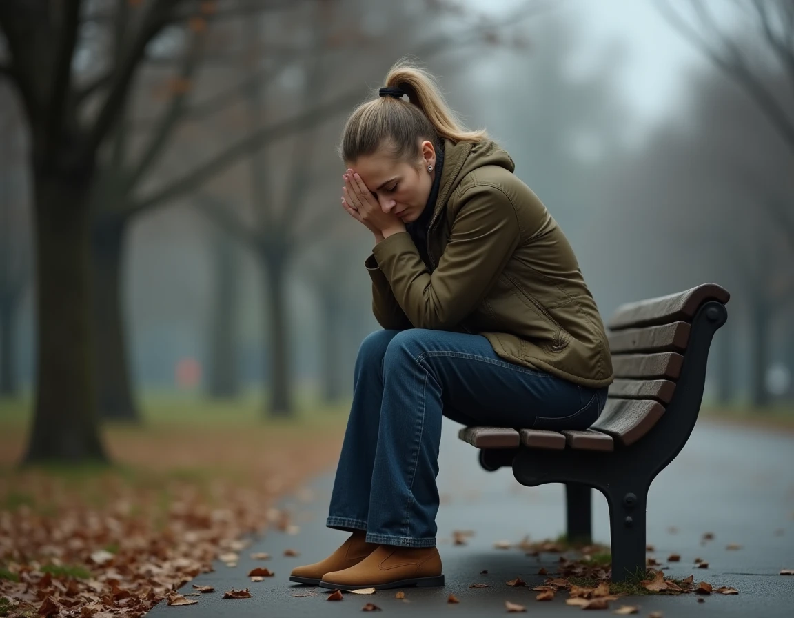 Femme seule sur un banc de parc, l'expression marquée par un état de détresse psychologique et d'isolement