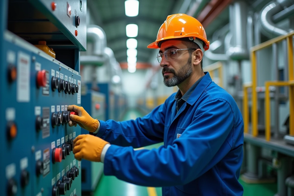 Technicien algérien inspectant un panneau de contrôle en usine
