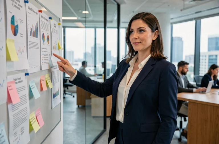 Femme cadre présentant ses compétences professionnelles lors d'une réunion en entreprise moderne