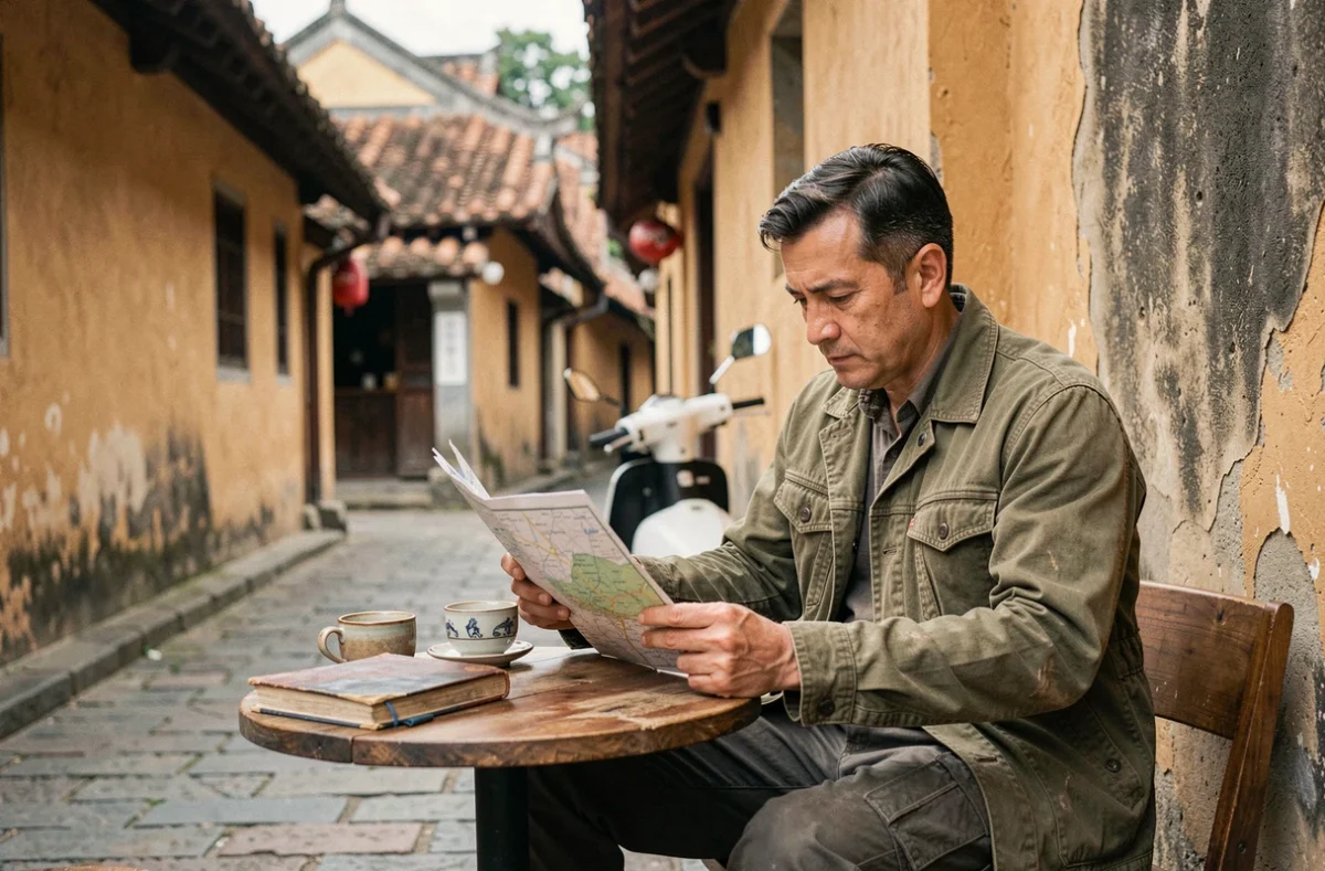 Voyageur consultant une carte dans une ruelle historique d'une ville asiatique avec architecture traditionnelle en terre cuite